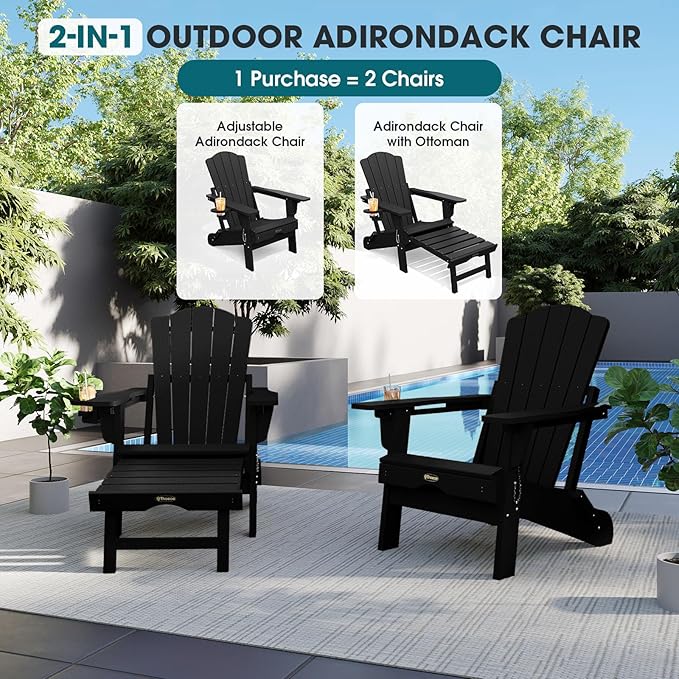 THOEOE Folding Adjustable Adirondack Chairs with Ottoman & 1 Cup Holders Set of 2, HDEP Multifunctional Adirondack Chair with Footrest,Black