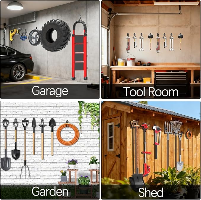 3-H Garage Wall Hooks Heavy Duty 31 Pack, Anti-Slip Steel Wall Mount Storage Hooks for Hanging Ladder Garden Yard Tools, Utility Organizer for Garage Lawn Shed (Black)