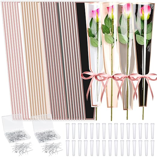 Outus Flower Bouquet Accessories 200 Pcs Single Rose Sleeves with 200 Floral Water Tubes and 200 Crystal Diamond Head Bouquet Pins for Valentine's Day Mother's Days Supplies Graduation(Mix Color)