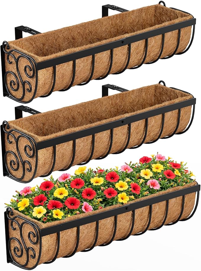VOXOR Railing Planter Boxes, 24 Inch Window Boxes Planters, Balcony Planters with Adjustable Brackets & Coco Liner for Outdoor Fence, Deck, Porch, and Patio Gardening, 3 Pack