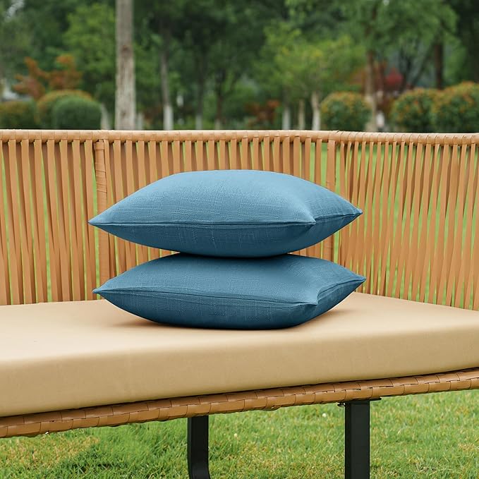 NiNi ALL Pack of 2 Decorative Outdoor Waterproof Pillow Covers Square Garden Linen Textured Cushion Sham Throw Pillowcase Set of 2 for Patio Farmhouse Garden Tent Couch 18x18 Inch Dark Blue