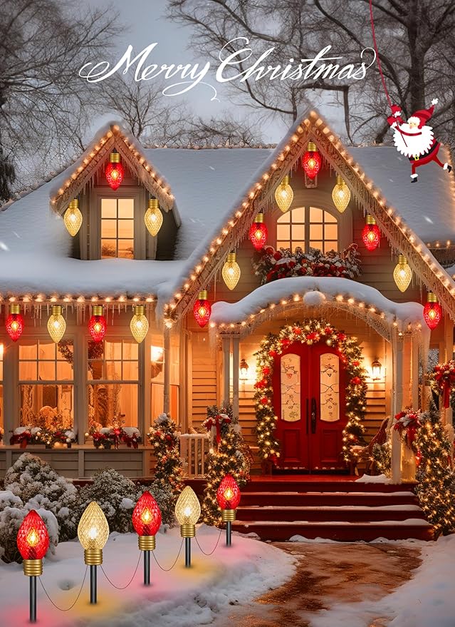 Moonflor Strawberry Jumbo C9 Christmas Pathway Lights Outdoor - 8.5 FT 5 LED Large C9 Pathway Lights, Hanging Jumbo Christmas Light Outdoor Decorations for Lawn Holiday Yard, Red & Warm White