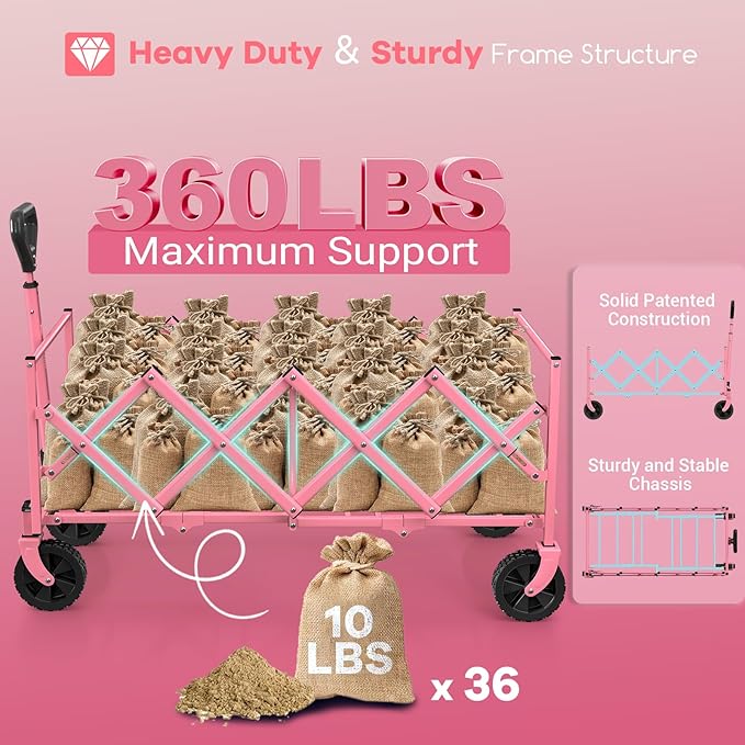 Hikemoon 34'' Extra Long Collapsible Wagons Carts Foldable, 360LBS Heavy Duty Folding Beach Wagon Cart with Wheels, Portable Utility Outdoor Wagon for Grocery, Shopping, Garden, Sports, Camping, Pink