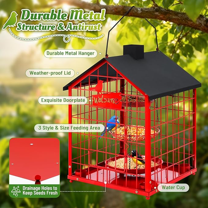 Bird Feeders for Outdoors, Metal Bluebirds Bird Feeder, Huge Caged Squirrel-Proof Bird Feeders with 4 Cups, DIY Wild Bird Feeders Outdoor Hanging, Attract Small Birds, 3 Layer Seed Tray (Red)