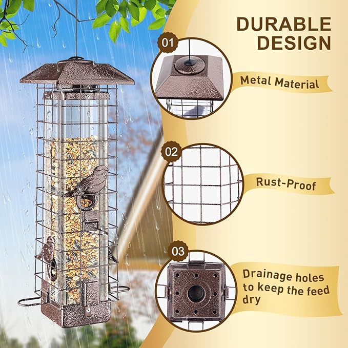 Squirrel Proof Bird Feeder for Outdoors Hanging, 3LB Large Capacity Metal Wild Feeder with Gravity Protection, 4 Ports, Durable & Weatherproof for Cardinals, Chickadees, Backyard Bird Watching
