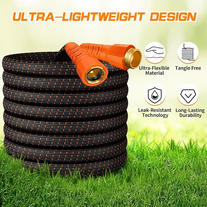 50FT Flexible Garden Hose & 10Modes Nozzle,Lightweight Water Hose,Kink-Free,All-Weather 3/4 in. Hose for RV,Boat,Car Wash,Garden,Yard,Camper,Outdoor NoneExpanding (Orange-Black, 50 Feet)