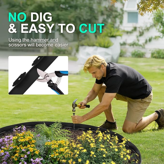 3 Inch x 40FT Garden Edging Kit with 40 Spikes for Landscaping, Plastic Lawn Edging Border for Flower Beds, Tree Rings, Pathways, Black