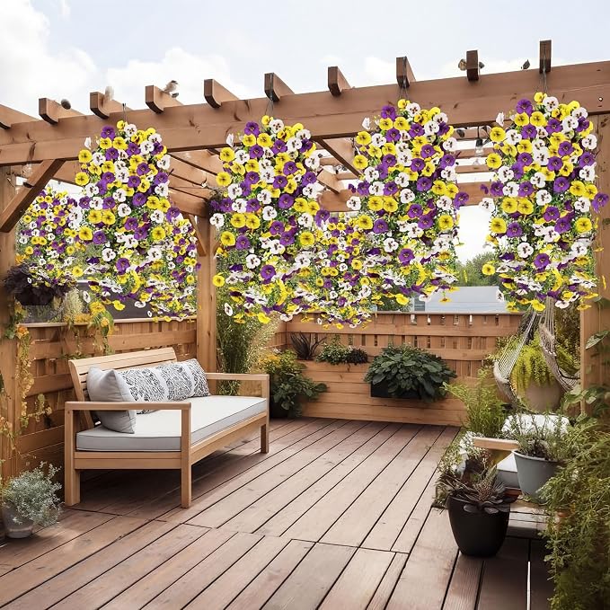Giegxin 12 Pcs Artificial Hanging Pansy Flowers, 30 Inch Faux Pansies UV Resistant Plastic Hanging Plants for Outdoor Spring Summer Decor, for Porch Patio Garden Window Home (Yellow,White,Purple)
