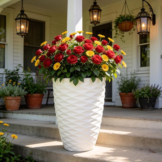 19" Nordic Wavy Tall Outdoor Planters, Set of 2 Ultra Durable Resin Large Flower with Drainage Holes, Weather-Resistant Outdoor Planters for Garden Patio Porch Balcony Living Room Office Decor