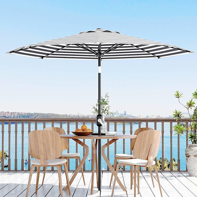 Garvee 9 ft Patio Umbrella - 8 Sturdy Ribs Outdoor Table Umbrella with Crank Lift & Push Button Tilt - Market Umbrella for Pool, Deck, Yard, Garden - Black & White Stripe