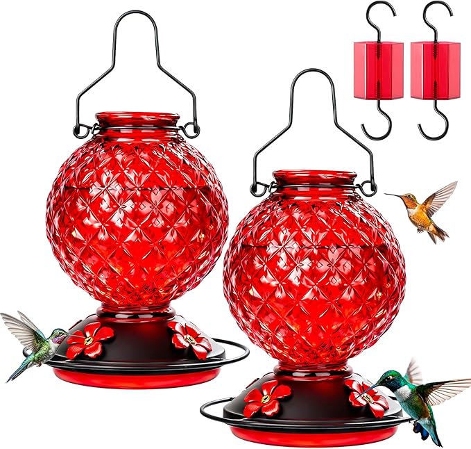 Glass Hummingbird Feeder for Outdoors Hanging, 2 Pack 25 OZ Humming Bird Nectar Feeder with 4 Bee Guard Feeding Ports & Built-in Ant Moat, Bird Feeder for Outside, Gifts for Women Mom, Red