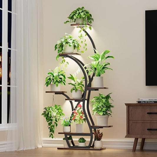 EVAWOO Plant Stand Indoor with Grow Lights - 8 Tiered Corner Plant Shelf Indoor, 65" Tall Lighted Plant Holder for House, Black