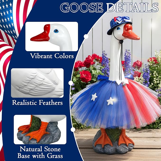 Porch Goose Statue with 4th of July Outfits - 19.5" Garden Resin Goose Decorative Figurine Cute Sculpture Indoor Outdoor Independence Day Decoration for Patio Lawn Yard Balcony Decor