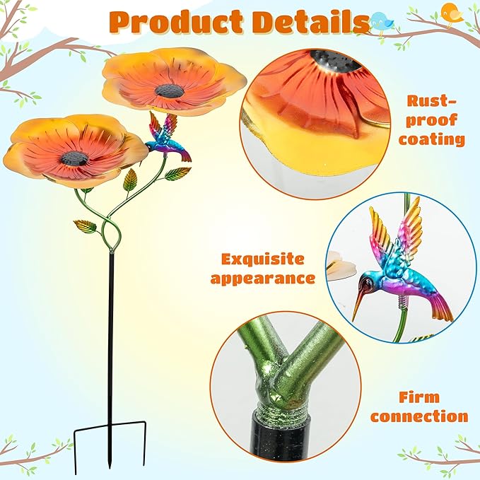 37.4 Inch Floral Metal Bird Bath for Outside - Standing Bird Feeder with Dual Flower Bowls Detachable Birdbath with Hummingbird Decor Metal Stake Base for Garden Yard Outdoor (Yellow)