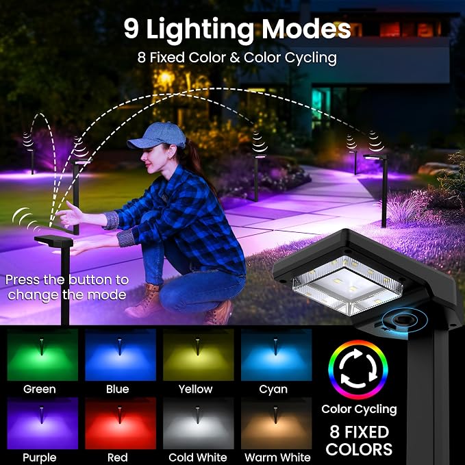 AUDERWIN 4 Pack Color Changing & Sync Smart Solar Pathway Lights, Solar Lights Outdoor Waterproof, 9 Modes (Warm White/Cool White/RGB) Landscape Lighting for Driveway, Walkway, Garden, Yard, Patio