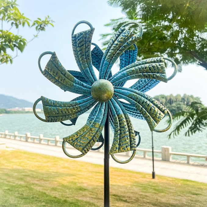Wind Spinners Outdoor, Bronze Flower Double-Sided 360° Wind Spinner with Stake, Metal Garden Yard Decor (12.3" Dia x 54" H)