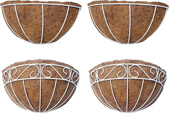 LalaGreen Bundle - 2 Pack,16 inch Wall Planter + 2 Pack,16 Inch White Hanging Basket with Coco Liner,Wall Mounted Extra Large Herb Flower Pots,Outsdie Garden Decor Rail Fence Deck Balcony Patio Porch