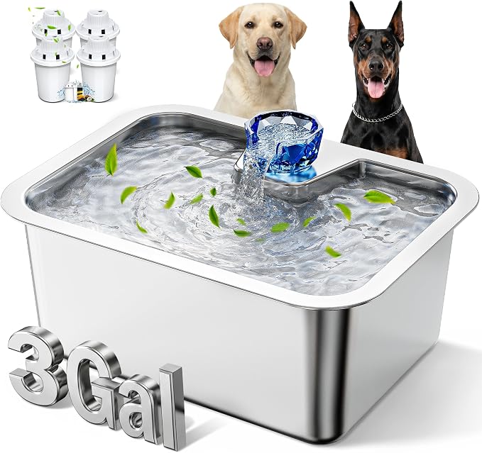 Stainless Steel Dog Water Fountain,3 Gallon Large Pet Water Fountains for Dogs and Cats, 11L /386oz Dog Water Bowl Dispenser w/Filter Drinking Bowls Indoor, Cat Founatin Quiet Pump, Easy to Use