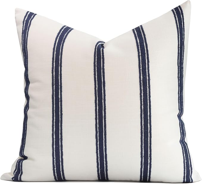 Crumbs Home Coastal Linen Indoor Outdoor Throw Pillow Cover Only, 22"x22" Water Repellent for Patio, Backyard, Couch, Neutral Dark Navy Embroidered Stripes