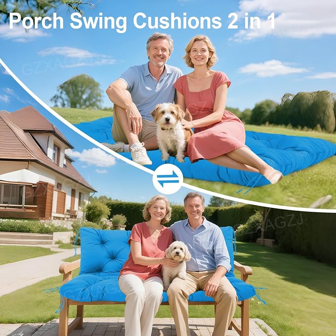 Porch Swing Cushions 5" Thicken Waterproof Outdoor Swing Cushions 3 Seater Replacement with Backrest and Ties Patio Swing Cushion for Outdoor Furniture Bench Backyard Lawn Garden(Peacock Blue)