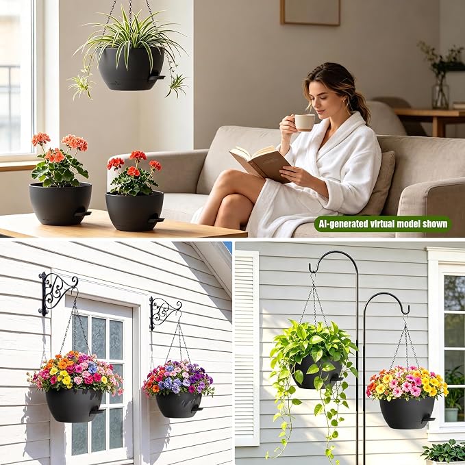 8 Inch Self Watering Hanging Planters, 3 Pack Plastic Plant Pots | Sturdy lightweight pot with side watering lip, drainage holes, snap-on detachable tray & hanging chain for easy care