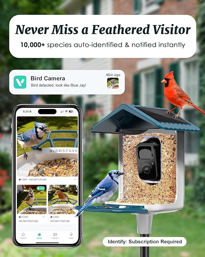 Bird Feeder with Camera Solar Powered, 2K Live Arrival Alert Auto Capture Video with 32GB TF Card, AI Identify Smart Camera Bird Feeder Ourdoor Backyard Gift for Mom Dad Birdlover, 2.4G WiFi