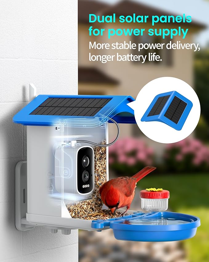 isYoung Smart Bird Feeder with Camera 2.5K QHD, AI Identify 16000+ Birds, Auto-Capture & Motion Detection, IP65 Waterproof, 5W Solar Panel, 140° Field of View, Bird Watching Gift