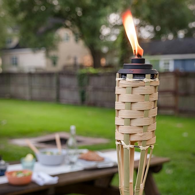 TIKI Bamboo Tiki Torches 4-Pack – Weather-Resistant Outdoor Décor with Easy-Pour Wide-Mouth Canister Refill for Patio, Garden, Backyard, and Parties, 57-Inch Citronella Torches