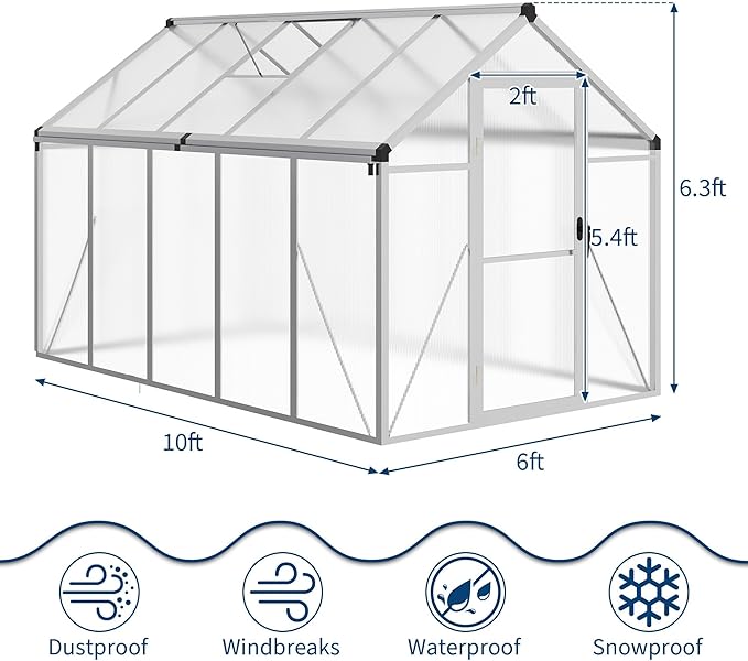 6X10 FT Greenhouse for Outdoors, Polycarbonate Greenhouse with Roof Vent, Ground Nails, Lockable Push Door, Aluminum Large Walk-in Green House for Outside Garden Backyard, Patio, Lawn, Silver