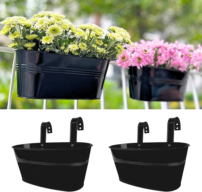 LaLaGreen Bundle- 2 Pack,11.8 Inch + 4 Pack, 15 Inch Black Metal Pot Hanging Window Flower Boxes with Hook Herb Succulent Bucket Outdoor Railing Fence Deck Balcony Patio Porch Modern Boho Garden Style