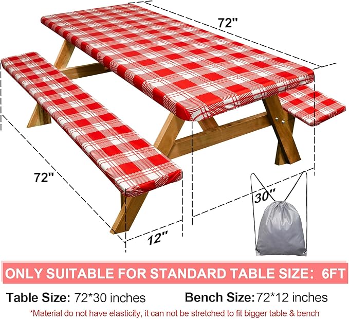 Play Tailor Picnic Table Cover with Bench Covers Camping Essentials Waterproof Windproof Camping Tablecloth with Drawstring Bag, Fitted Rectangle Tables and Seats, 72in, Red Checkered