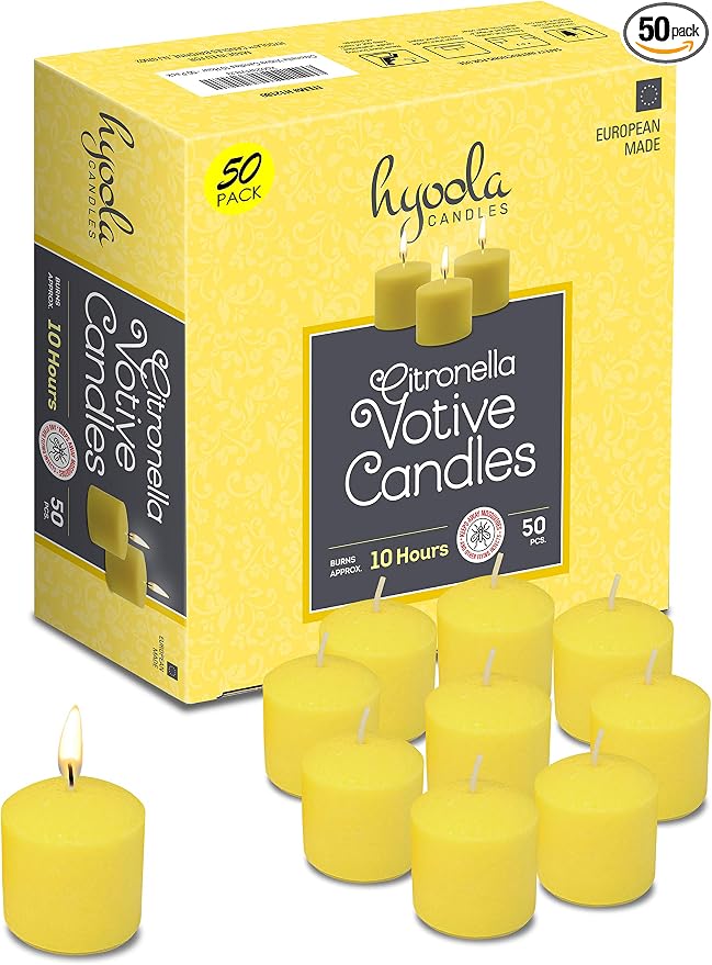 HYOOLA Citronella Votive Candles - 10 Hour Burn Time - 50 Pack, Ideal Bug Repellent Candles, European Made