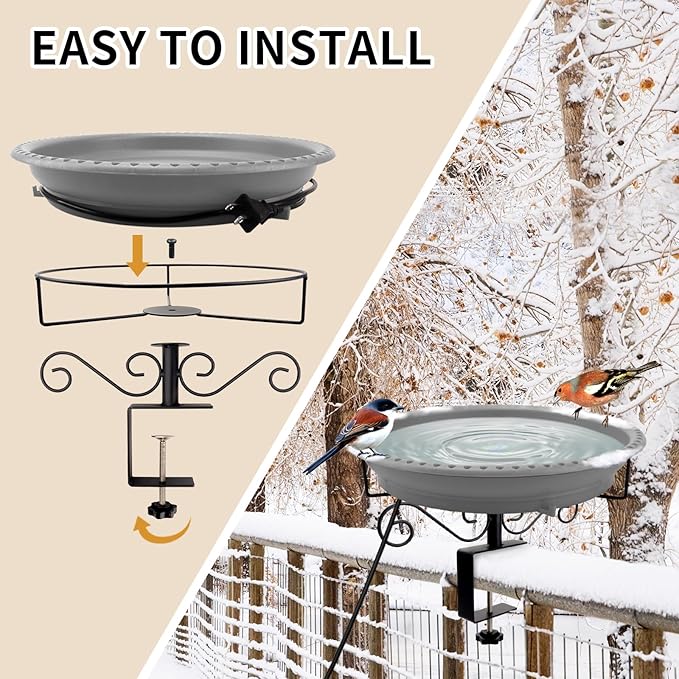 Lovppy Heated Bird Bath for Deck Railing, 100W Thermostatically Controlled Heated Bird Baths for Outdoors Bird Bath Heater, Heated Bird Bath for Outside Winter Garden Patio Yard(Gray)