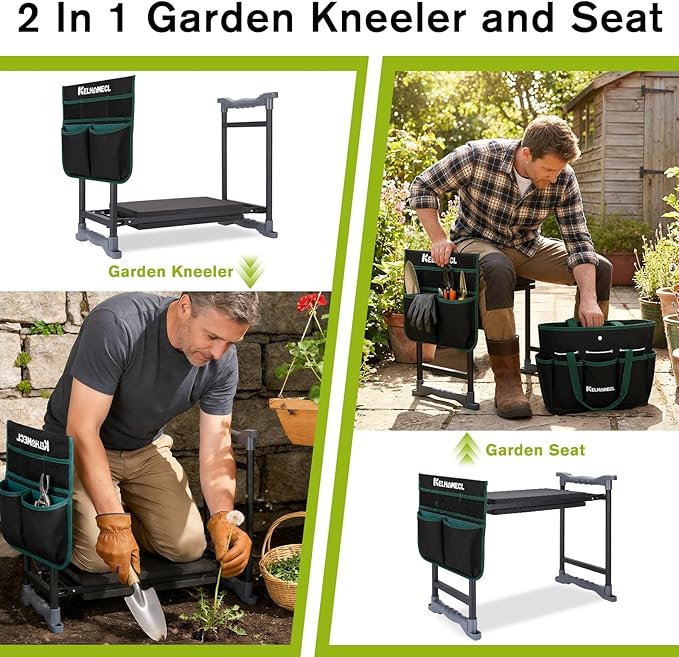 Garden Kneeler and Seat with Umbrella, 2-in-1 Foldable Gardening Stool with Adjustable Bracket, Detachable Tool Bags, Heavy Duty Kneeling Pad for Gardening (Beige Green)