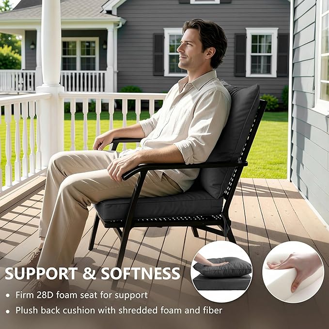 19x19 Inch Patio Chair Cushions Set of 2, Outdoor Furniture Cushions - Removable Cover, Water-Repellent, Fade-Resistant, Non-Slip Bottom & Straps, Replacement for Lawn, Porch & Deck Chair - Dark Grey
