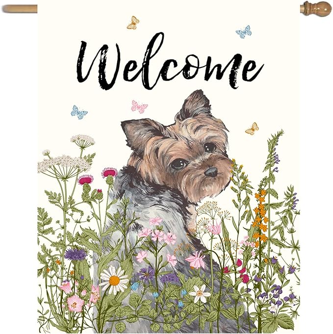 Floral Yorkie Garden Flag Spring Summer House Flags 28 x 40 Double Sided Flower Dog Yard Flags for Outside Large Outdoor Welcome Flags