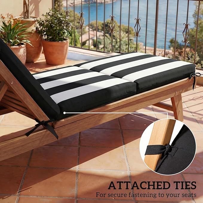 Outsunny Outdoor Chaise Lounge Cushions Set of 2, Chaise Lounge Cushions with 6 Ties, High-Density Foam, 72 x 21.1 x 2.6 Inch Water-Repellent and UV-Resistant for Patio, Poolside, Black and White