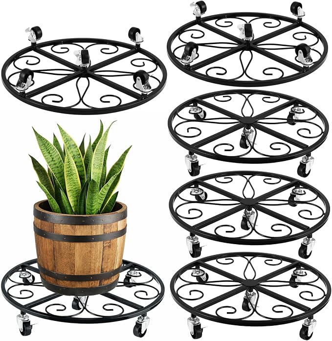 6 Pack Plant Caddy with Wheels 18 Inch Rolling Plant Stand for Large Plants Heavy Duty Plant Rollers Metal Plant Dolly Rustproof Planter Stand Wrought Iron Plant Stands Flower Cart Outdoor