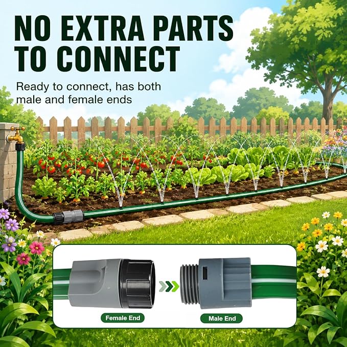 MIXC Reinforced Sprinkler Hose with Holes, 100FT (25FT×4 Pack) No-Kink Heavy Duty Flat Sprinkler Soaker Hose with Stakes & Splitters, Drip Irrigation Garden Hose for Lawn, Yard, Vegetable & Flower Bed