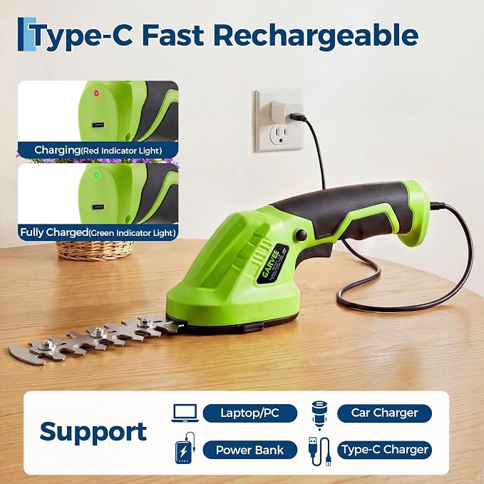 2-in-1 Electric Handheld Hedge Trimmer, Cordless Grass Shear & Shrub Trimme, Lightweight Rechargeable Bush Trimmers, with Type-C Cable, Dual Safety Switch, Brushless Motor, for Yard, Lawn, Garden