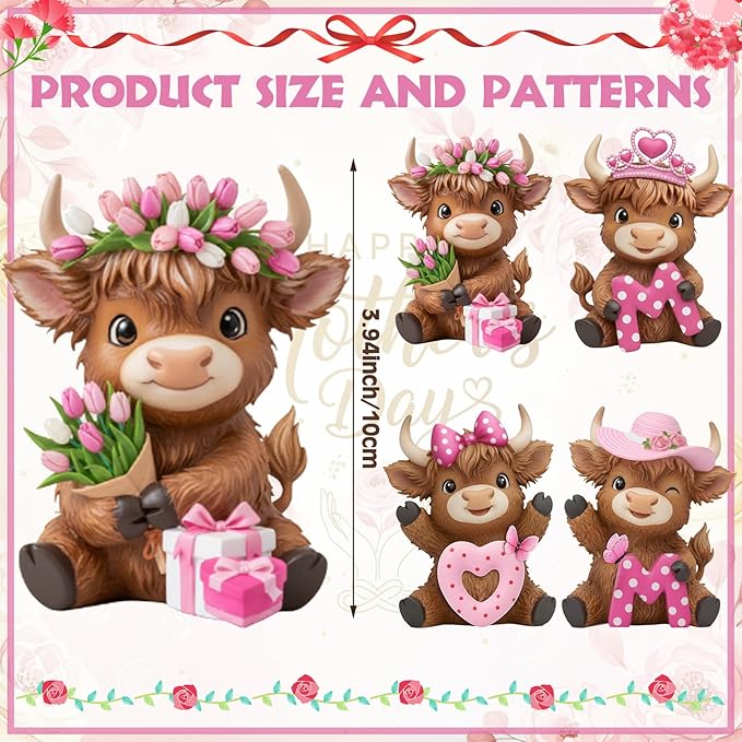 Simgoing 4 Pack Mother's Day Highland Cow Figurines Pink Highland Cow Statue Decor for Mom Miniature Cattle Statues Decoration for Mother's Day Tabletop Centerpieces Home Decor Calf Lovers Gifts