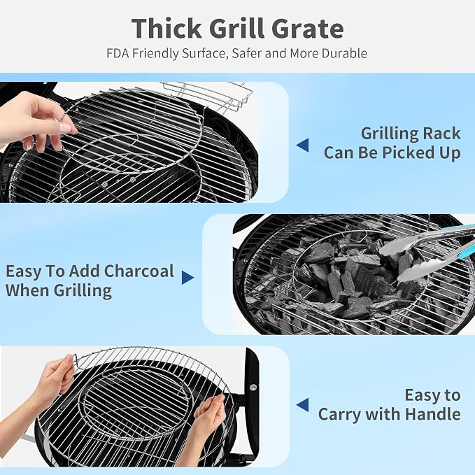22.5-Inch Portable Charcoal Grill, Heavy Duty Kettle BBQ Smoker with Built-in Thermometer & Removable Water-Rinsable Ash Catcher for Outdoor Camping, Patio, Backyard, and Tailgating