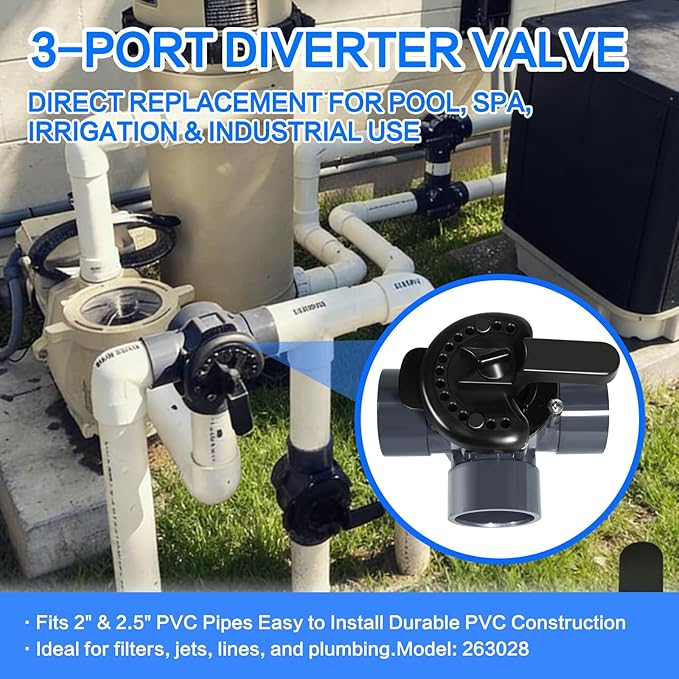 263028 Three Port Diverter Valve Compatible with Pentair, 2 Inch PVC Pool Valve, 3 Way Pool Valve for Swimming Pool Plumbing System, Grey