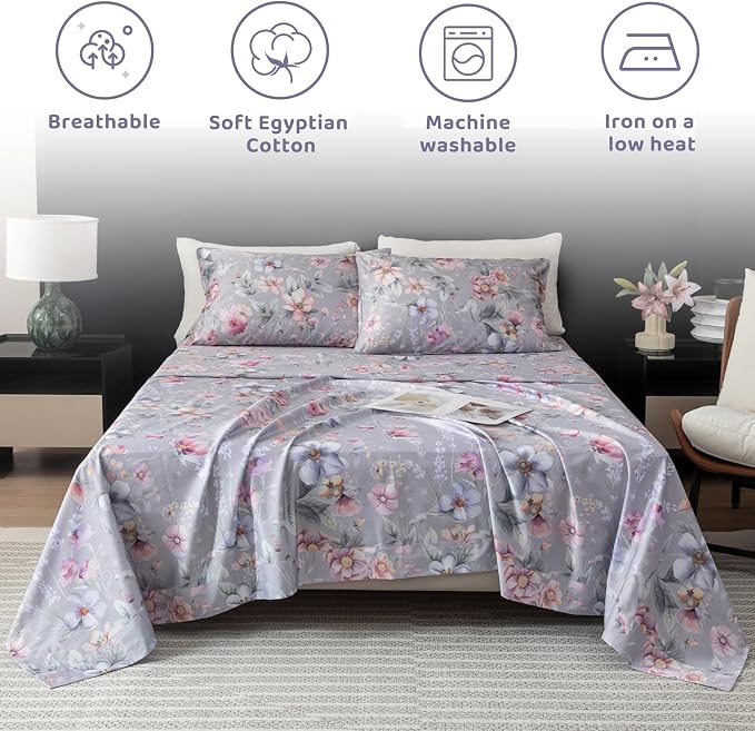 QSH Gray Floral Egyptian Cotton Sheets King Size,Luxury Silk Feel Botanical Flowers Pattern Printed Bed Sheets Sets King Size Aesthetic Soft and Breathable 17.5" Deep Pockets Bedding Sheets 4pcs