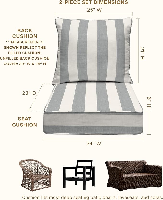 Honeycomb Outdoor Heritage Deep Seat, 24 x 23, Cabana Stripe Stone Grey Chair Cushion with Removable Cover, for Patio Furniture