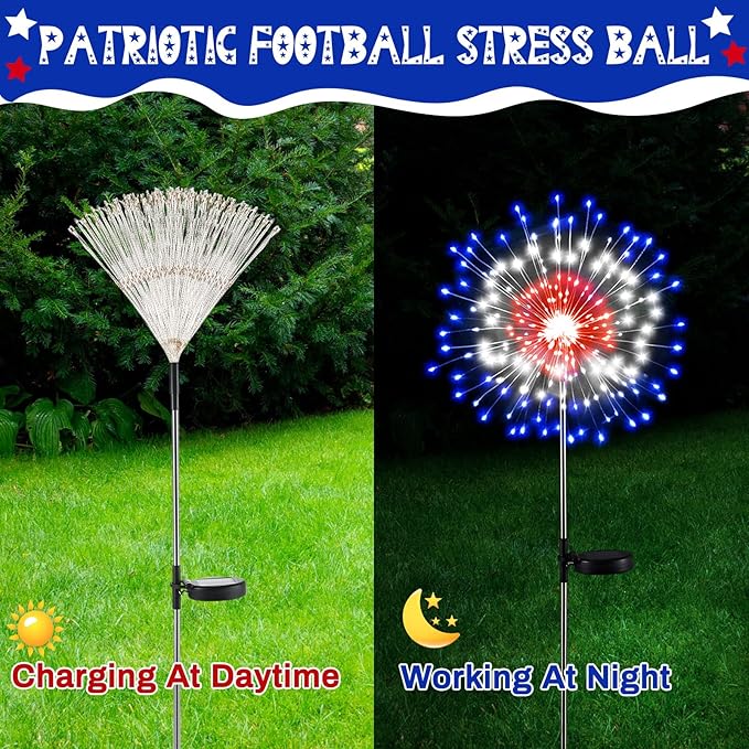 Tujoe 9 Pcs 4th of July Solar Firework Lights Patriotic Solar Light Outdoor Garden 120 LED 8 Modes Waterproof LED Sparkler Light for 250th Anniversary Patio Yard Pathway Walkway (Colorful)