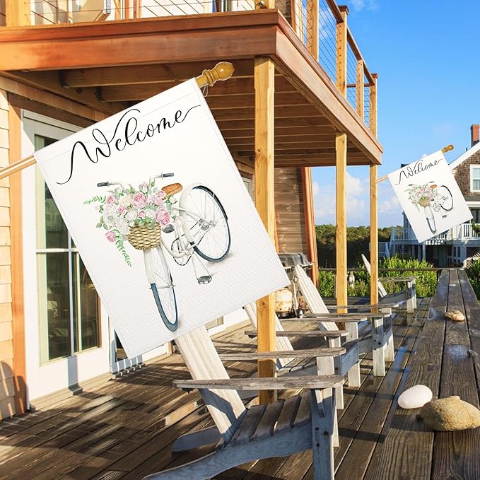 Mugod Bike House Flag Double Sided 28 x 40, Watercolor Wildflowers Spring Summer Burlap Large Flag House Seasonal Farmhouse Outside Outdoor Decoration