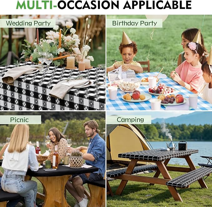 Picnic Table Cover with Bench Covers, Fitted 6ft Waterproof Tablecloth Set for Outdoor Camping & RV - Includes 1 Table Cover & 2 Bench Covers with Drawstring Storage Bag, 30"x72", Solid Black