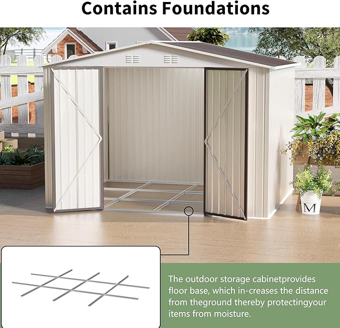 YOPTO 10x8 FT Outdoor Storage Shed with Foundation,Metal Aluminum Tool Sheds,Heavy-Duty Sheds with Sloped Roof, Air Vent and Hinge Doors,Garden Shed Bike Shed for Backyard Patio Lawn,Cream White
