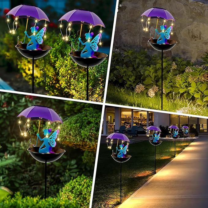 Solar Fairy Garden Decor Solar Bird Feeder with Umbrella Gifts for Women Yard Outdoor Decorations Stake Metal for Patio Yard Festival Pathway Landscape Lawn